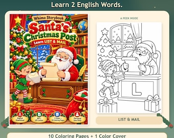 May include: A digital coloring book titled Whimo Storybook Santa's Christmas Post Learn LIST & MAIL. The cover shows Santa and an elf with letters. A black and white coloring page shows the same scene with the letter L. Includes 10 pages.