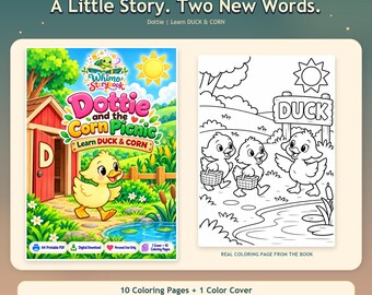 Dottie and the Corn Picnic – Duck Coloring Book PDF, 10 Printable Learning Pages for Kids, Alphabet & First Words Activity