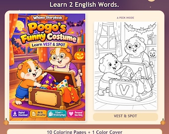 May include: A digital coloring book titled Whimo Storybook: Pogo's Funny Costume, featuring a colorful cover and a black-and-white line art page. The illustrations show two guinea pigs interacting with a chest filled with costumes, including a vest and a spotted hat, with text reading Learn VEST & SPOT.