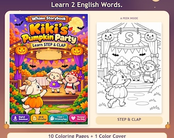 May include: A digital coloring book titled Whimo Storybook Kiki's Pumpkin Party featuring a colorful cover with a goat, sheep, and pig at a party, and a black and white line art page showing the same characters under a banner with the letter S.
