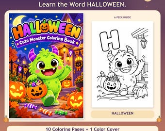 May include: A Halloween coloring book titled Color a Story. Learn the Word HALLOWEEN. Cute Monster Coloring Book. The cover features a green monster holding a pumpkin bucket with candy. Includes 10 coloring pages and 1 color cover in PDF.