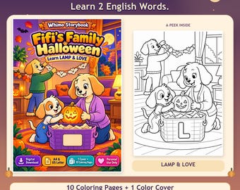May include: A digital Whimo Storybook coloring book titled Fifi's Family Halloween. The cover features three dogs decorating for Halloween with a jack-o'-lantern and a basket labeled with the letter L. Includes 10 coloring pages and 1 cover.