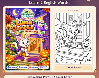 May include: A digital coloring book titled Luna and the Pumpkin Trail featuring a white kitten in a purple cape holding a pumpkin bucket. The set includes 10 coloring pages and 1 color cover in A4 and US Letter sizes as a printable PDF.