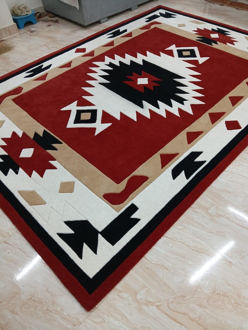 Hand-tufted Rust Orange Geometric Area Rug, Modern Aztec Style Carpet ...
