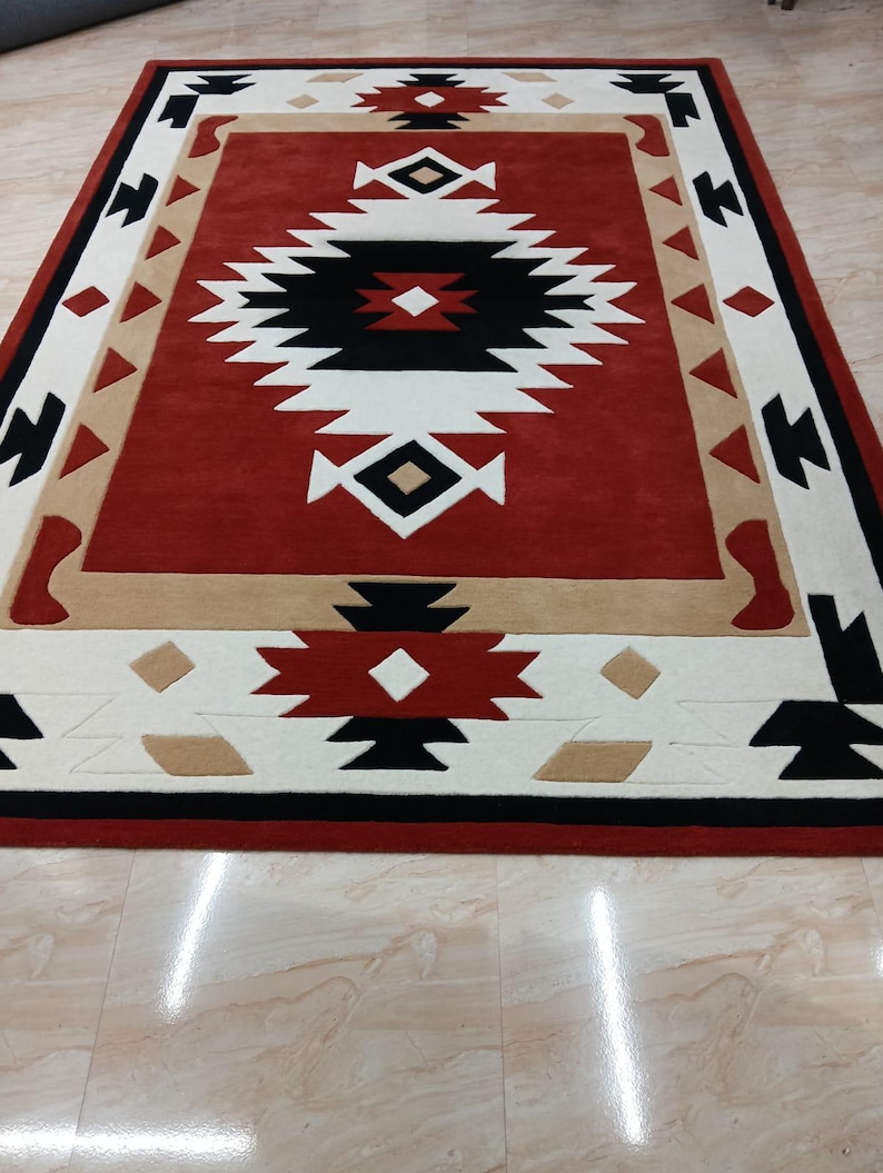 Hand-tufted Rust Orange Geometric Area Rug, Modern Aztec Style Carpet ...