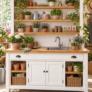 May include: A white potting bench with a wooden countertop, a stainless steel sink, and a faucet. The unit features open shelving filled with various potted plants, terracotta pots, a metal watering can, and seed packets. Two drawers and two cabinets are below.