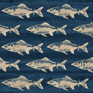 May include: A repeating pattern of beige fish silhouettes printed on a dark navy blue background. The fish are arranged in horizontal rows, each featuring a textured, stamped appearance with visible eye details and fins.