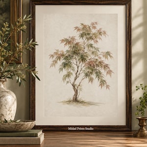 Lámina vintage de acuarela de arce japonés, arte botánico para pared (descarga digital)