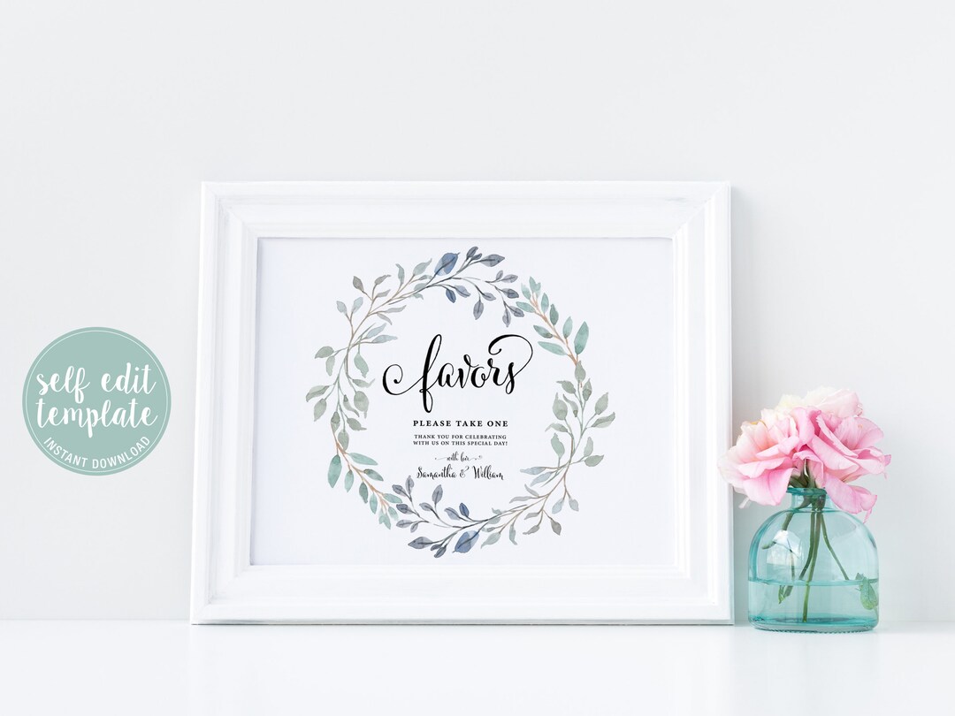 Greenery Wedding Favors Sign Template Watercolor Wreath - Etsy
