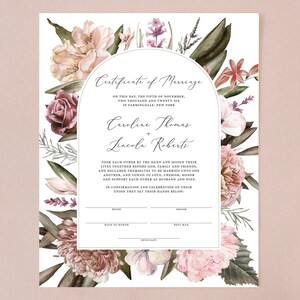 May include: A floral wedding certificate with a pink, white, and green floral design. The text reads "Certificate of Marriage" and includes the names "Caroline Thomas" and "Lincoln Roberts".
