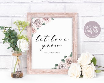 Let Love Grow Sign and Favor Tag, Succulent Favor Tags, Blush Floral Bridal Shower Sign, Editable Template, Printable Sign, BB20