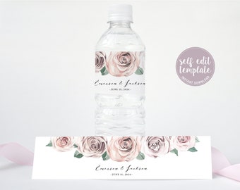 Water Bottle Label Template, Blushing Blooms Wedding Custom Water Bottle Label, Wedding Favor, DIY Wedding Label, Instant Download, BB20