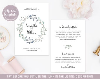 Gefaltete Hochzeit Programmvorlage, Boho Aquarell Grün Kranz, Hochzeitszeremonie Programm, Gefaltete Hochzeit Programm, Bearbeitbare Vorlage, LW13