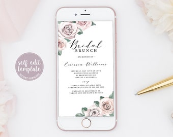 Electronic Bridal Brunch Invitation, Digital Bridal Brunch Evite, Floral Pink Blush Boho Watercolor Shower Invite, Instant Download, BB20