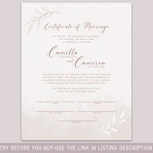 Printable Wedding Certificate, Certificate of Marriage Editable Template, Wedding Certificate, Wedding Keepsake, Luxe Leaves, LL20 image 3