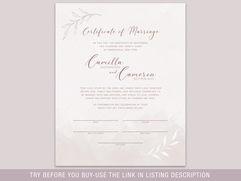 Printable Wedding Certificate, Certificate of Marriage Editable Template, Wedding Certificate, Wedding Keepsake, Luxe Leaves, LL20 image 3