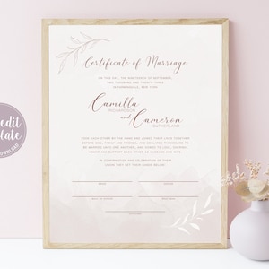 Printable Wedding Certificate, Certificate of Marriage Editable Template, Wedding Certificate, Wedding Keepsake, Luxe Leaves, LL20 image 1