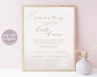 Certificat de mariage imprimable, modèle modifiable de certificat de mariage, certificat de mariage, souvenir de mariage, feuilles de luxe, LL20