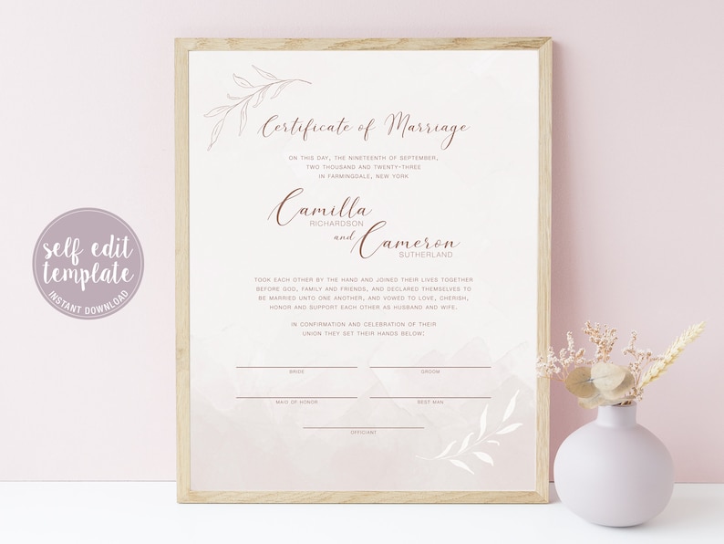 Printable Wedding Certificate, Certificate of Marriage Editable Template, Wedding Certificate, Wedding Keepsake, Luxe Leaves, LL20 image 1