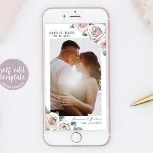 Electronic Photo Save The Date Template, Blush Floral Watercolor Evite, Text Message Save The Date Invite, Digital Invite, BB20