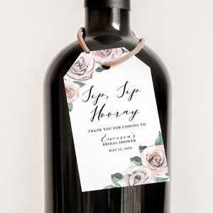 Sip Sip Hooray Bridal Shower Tag for Mini Wine Bottles, Mini Champagne Tag, Bridal Shower Favor Tag Template, Blush Floral Boho, BB20