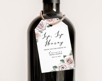 Sip Sip Hooray ブライダルシャワータグ ミニワインボトル用、ミニシャンパンタグ、ブライダルシャワー記念品タグテンプレート、ブラッシュフローラルボヘミアン、BB20