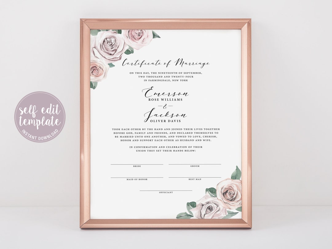 Printable Wedding Certificate, Certificate of Marriage Editable ...
