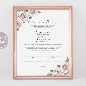 Druckbare Hochzeitsurkunde, Heiratsurkunde bearbeitbare Vorlage, Hochzeitsurkunde, Hochzeitsandenken, Blushing Blooms, BB20