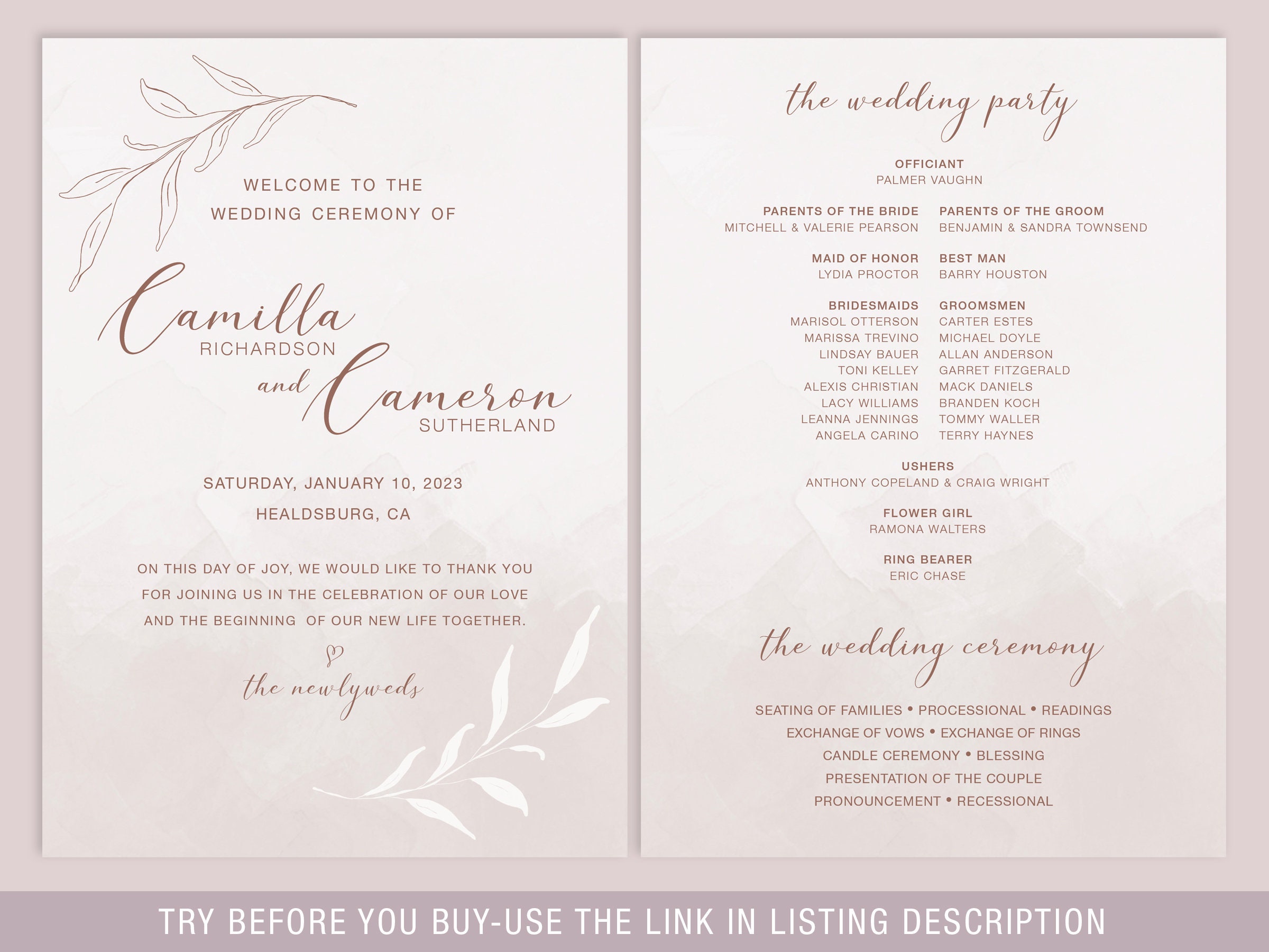 Wedding Ceremony Program Fan Template Leaves Dusty Rose Blush Printable Wedding Program Fan