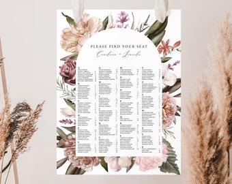 Wedding Seating Chart Template, Boho Floral Seating Plan Sign, Printable Wedding Seating Poster,  Editable Template, Digital Download, GA22