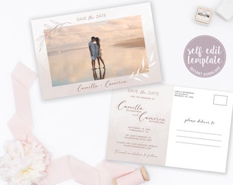 Photo Save The Date Postcard Template, Leaves Dusty Rose Blush, Printable Photo Save The Date Card, Save The Date Card with Pictures, LL20