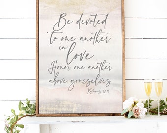Be Devoted To One Another In Love, Romans 12:10, Wedding Scripture Art, Wedding Bible Verse, Wedding Decor, Graceful Glam, GG20