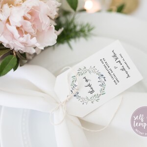 Modelo de etiqueta de agradecimento, guirlanda de casamento com vegetação, etiquetas de agradecimento de casamento imprimíveis, etiquetas de lembrança editáveis, etiqueta de presente de lembranças, LW13
