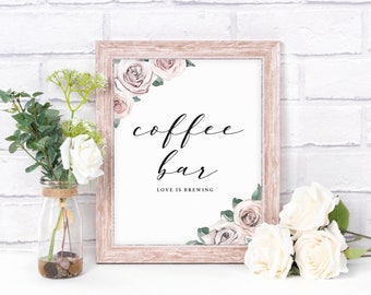 Coffee Bar Sign, Bridal Shower Sign Template, Bridal Brunch Coffee Bar Sign, Printable Coffee Bar Wedding Sign, Floral Blush, BB20