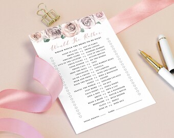 Would She Rather Bridal Shower Game, Who Knows The Bride Best Bridal Brunch Game, Editable Template, Printable Game, Floral Blush, BB20