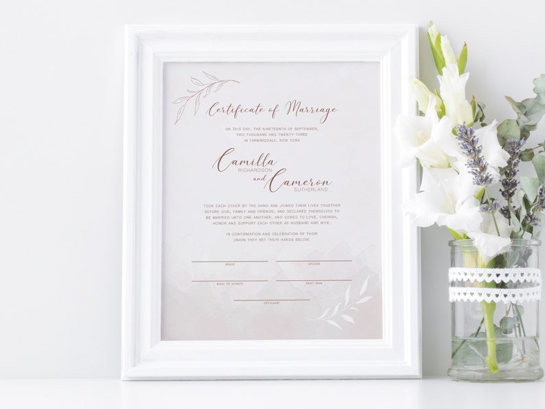 Printable Wedding Certificate, Certificate of Marriage Editable Template, Wedding Certificate, Wedding Keepsake, Luxe Leaves, LL20 image 2