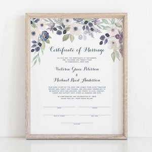 Blumen Hochzeit Zertifikat Vorlage, Heiratsurkunde, Weiß Lila Blumen Grün, Heiratsurkunde, Officiant Geschenk, WV21