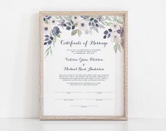 Modèle de certificat de mariage floral, certificat de mariage, verdure florale violette blanche, certificat de mariage, cadeau officiant, WV21