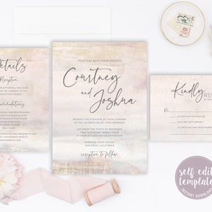 May include: A wedding invitation suite with a watercolor design in soft pink and gold tones. The suite includes an invitation, details card, and RSVP card. The text is in a delicate script font. A roll of pink ribbon and a flower are also in the image.