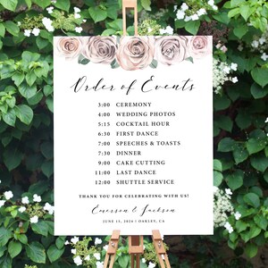 Wedding Order Of Events Sign, Floral Pink Blush, Printable Itinerary Sign, Wedding Timeline Sign Template, Wedding Day Schedule, BB20