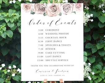 Wedding Order Of Events Sign, Floral Pink Blush, Printable Itinerary Sign, Wedding Timeline Sign Template, Wedding Day Schedule, BB20