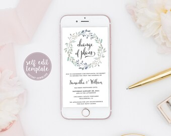 Electronic Change Of Plans Template, Text Message Save The Date Evite, Laurel Wreath, Greenery, Editable Template, Digital Download, LW13