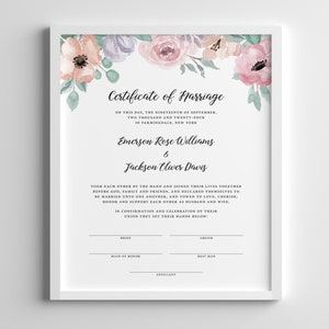 Floral Wedding Certificate Template, Certificate of Marriage, Floral Blush Pink Marriage Certificate, Officiant Gift, Wedding Keepsake, DP21 image 3