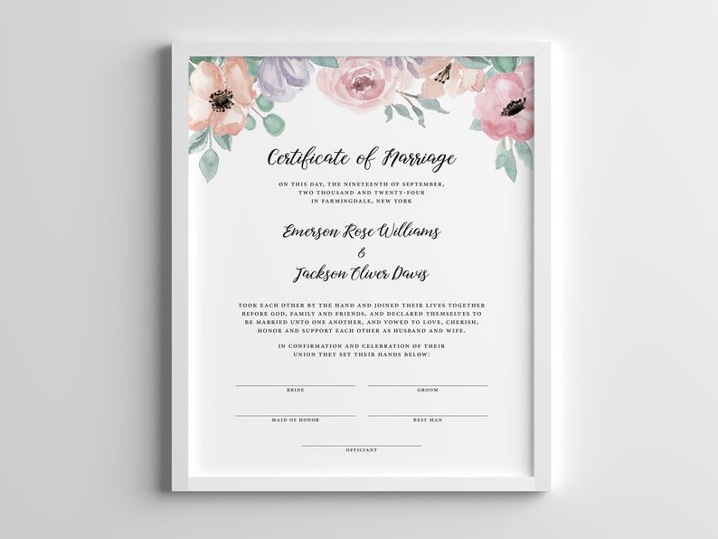 Floral Wedding Certificate Template, Certificate of Marriage, Floral Blush Pink Marriage Certificate, Officiant Gift, Wedding Keepsake, DP21 image 3