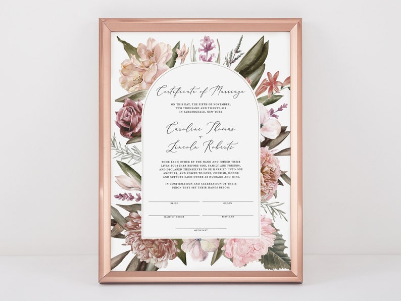 May include: A printable marriage certificate with a floral design featuring pink and purple flowers. The text reads "Certificate of Marriage" and includes the names "Caroline Thomas" and "Lincoln Roberts".