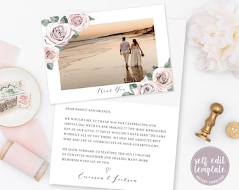 Floral Pink Blush Wedding Thank You Card Template, Photo Thank You Card Template, Custom Wedding Thanks Card, Digital Download, BB20