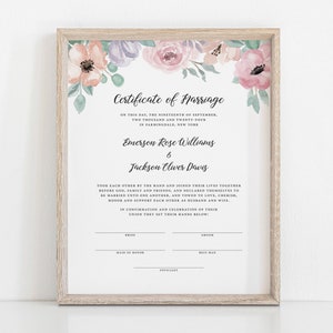 Floral Wedding Certificate Template, Certificate of Marriage, Floral Blush Pink Marriage Certificate, Officiant Gift, Wedding Keepsake, DP21 image 1