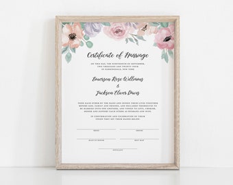 Modèle de certificat de mariage floral, certificat de mariage, certificat de mariage rose blush floral, cadeau officiant, souvenir de mariage, DP21