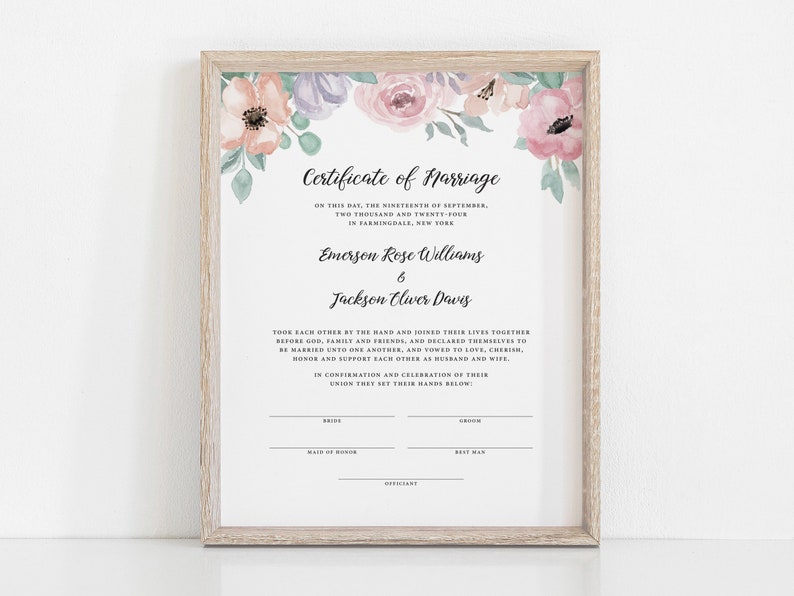 Floral Wedding Certificate Template, Certificate of Marriage, Floral Blush Pink Marriage Certificate, Officiant Gift, Wedding Keepsake, DP21 image 1