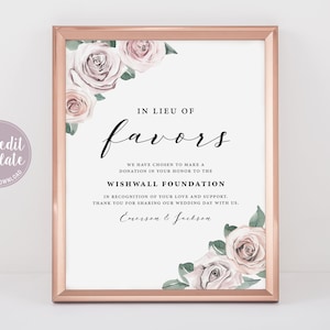 Wedding In Lieu Of Favors Sign Template, Floral Pink Blush, Wedding Favours Sign, Printable Wedding Donation Sign, Charity Card, BB20